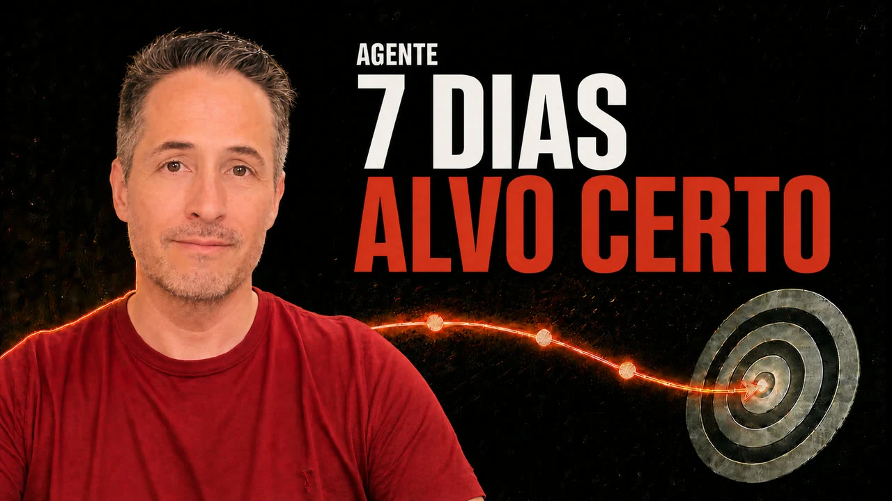 Antonio Mello diante de uma interface de agente com a frase Agente 7 dias no alvo certo
